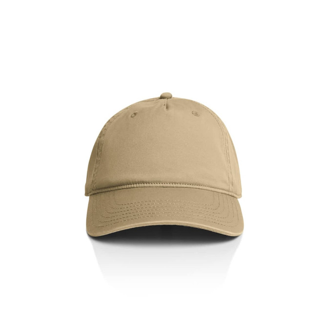 A khaki five panel cap featuring a logo on the front and stitched detailing on the peak.