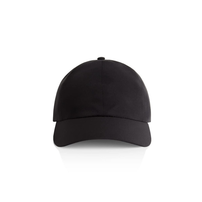 A black cap with a curved brim and a logo on the front, featuring a structured design and adjustable strap.
