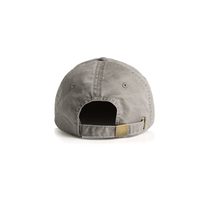 A grey cap with a curved peak and an adjustable strap at the back. It features a logo on the side.