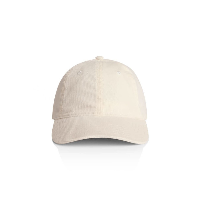 A cream-coloured cap with a curved brim and an adjustable strap at the back, featuring a logo.