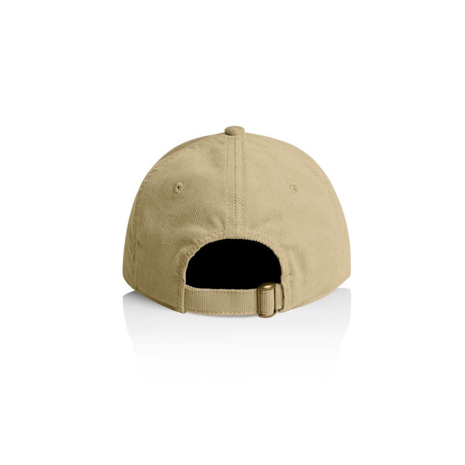A khaki cap featuring a simple design and a rear adjustable strap. It has a logo on the back.