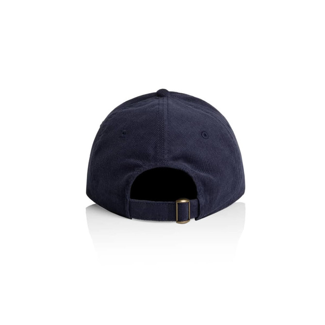 A navy blue cap with a curved brim and an adjustable strap. The back features a metal buckle and has a logo.