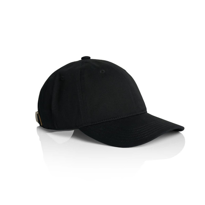 A black cap with a curved brim and an adjustable strap at the back. It features a logo on the side.