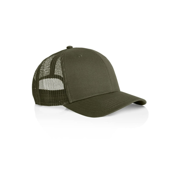 An olive green trucker cap with a mesh back and a solid front panel. It features a logo.