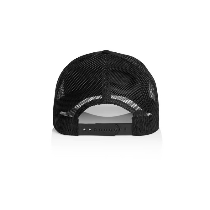 A black trucker cap with a mesh back and an adjustable strap. Features a logo on the front.