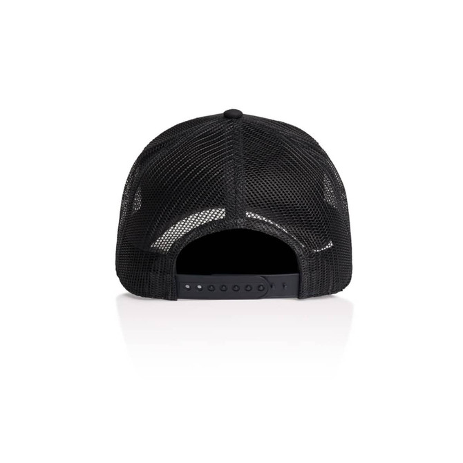 A black trucker cap with a mesh back, featuring an adjustable strap and a logo on the back.