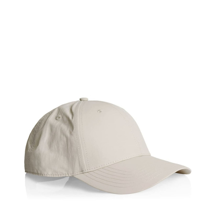 A beige nylon cap with a rounded crown and a curved brim, featuring a logo on the front.