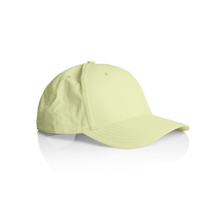 A light green nylon cap with a curved brim and a logo on the front.
