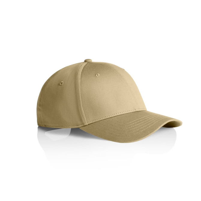A beige cap with a curved brim and six panels, featuring an embroidered logo on the front.