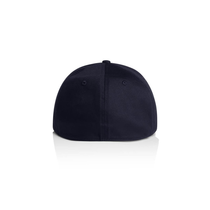 A navy blue cap featuring a rounded crown and a rear fastening, with a logo on the side.