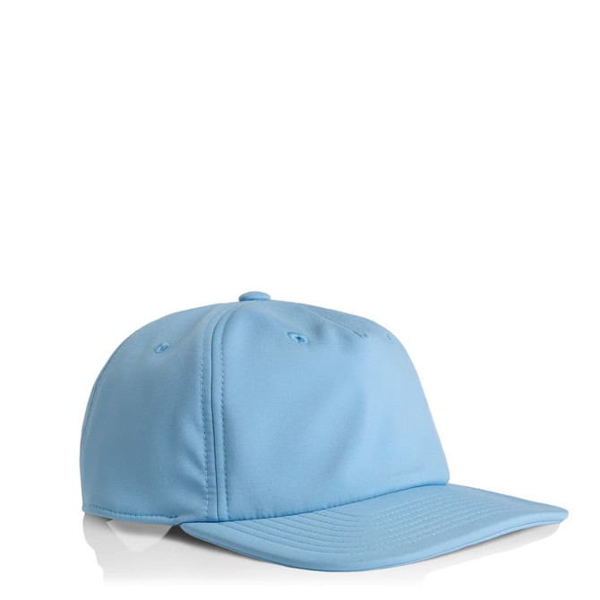 A light blue cap with a structured design, featuring a flat peak and stitched detailing. It includes a branding logo.