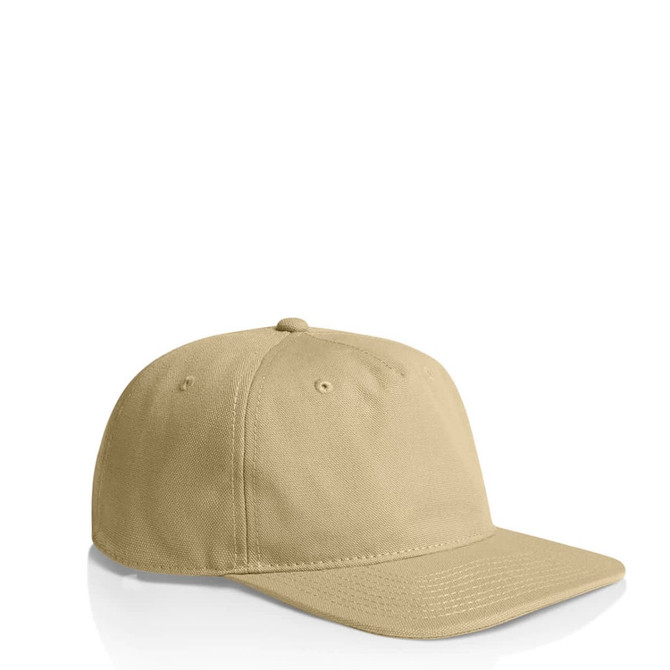 A beige cap featuring a structured design and a stiff peak, with ventilation holes and a logo present.