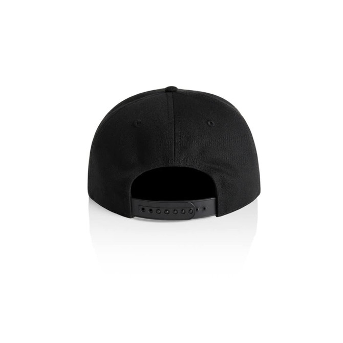 A black cap featuring a snapback closure at the back and a smooth finish. It has a logo on the side.