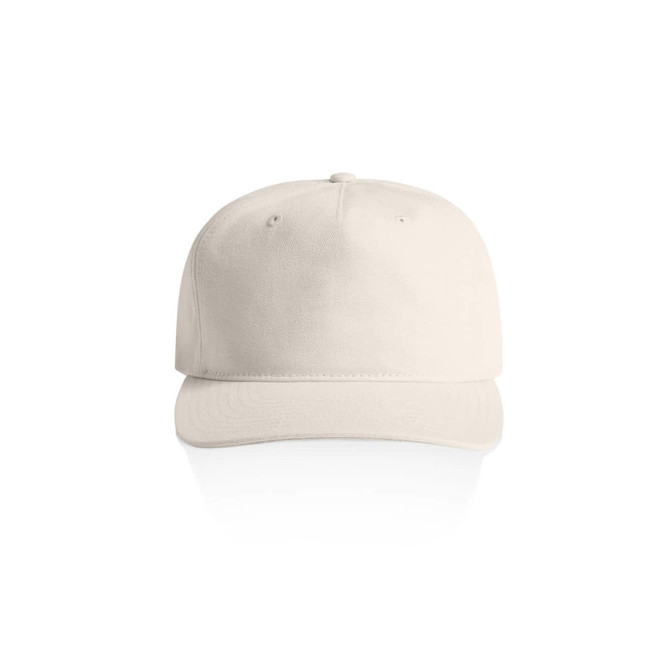 A beige cap with a flat brim and a structured front. It features a brand logo on the side.