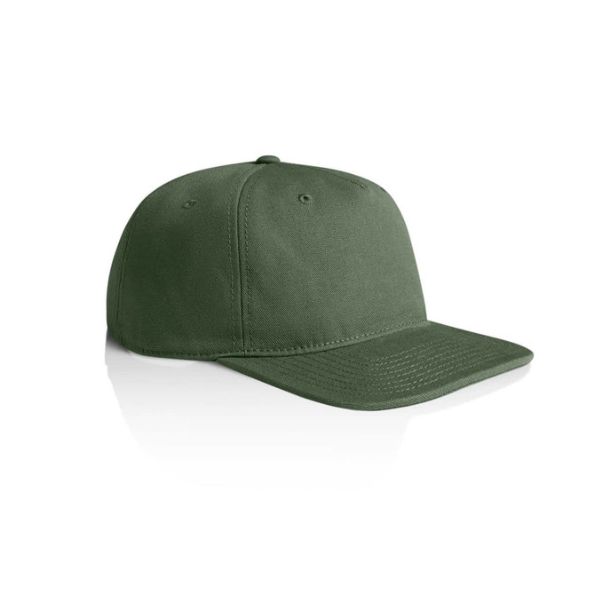 A green cap with a flat brim and a rounded crown, featuring a logo on the side.