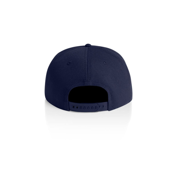 A navy cap featuring a snapback closure and a simple design. The back view highlights its solid colour and stitching.