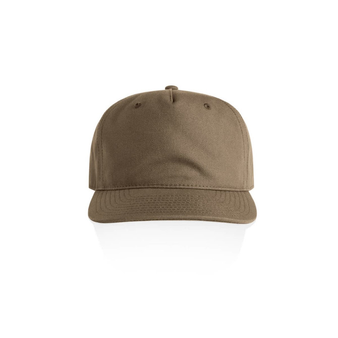 A khaki cap with a flat brim and a stitched design. It features a logo on the front.