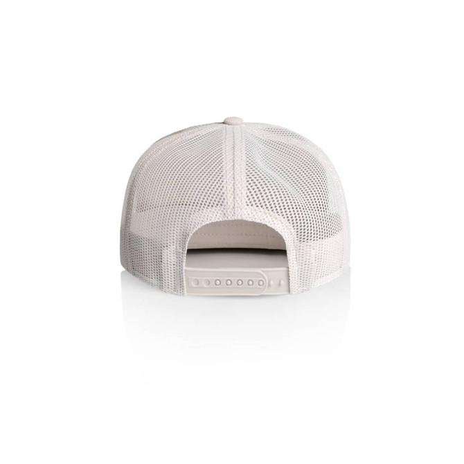 A beige trucker cap with a mesh back and an adjustable strap, featuring a logo on the side.
