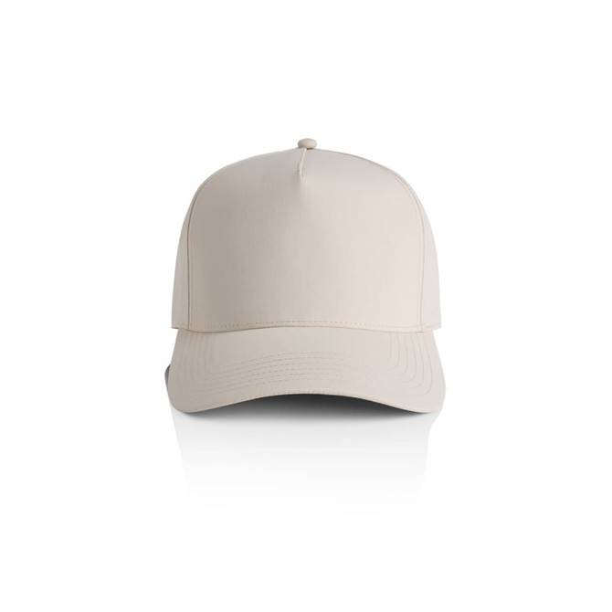 A beige nylon cap with a curved brim and a logo on the front, front view.