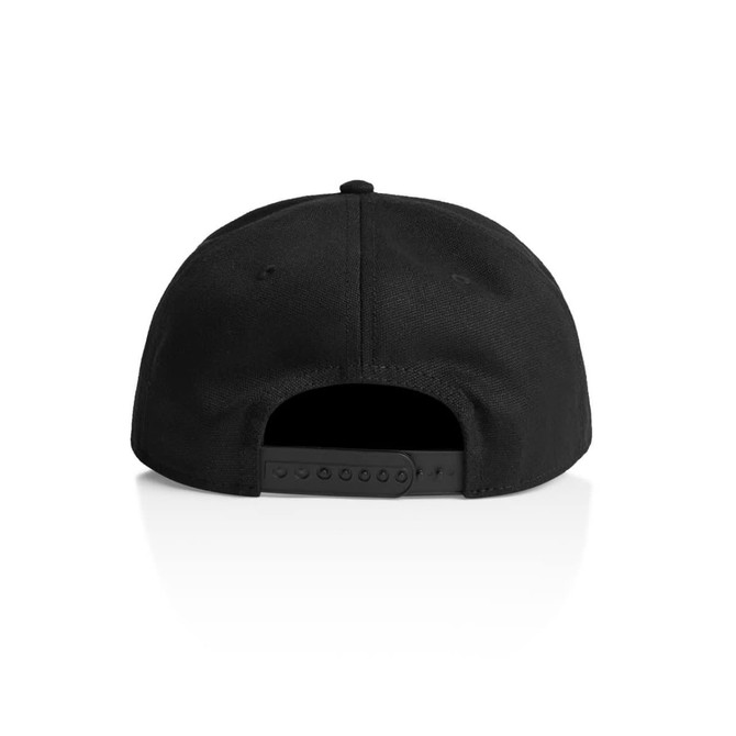A black canvas cap with a structured design and an adjustable back strap, featuring a logo.