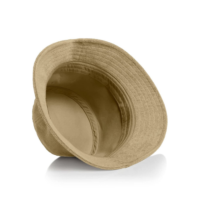 A tan Terry Bucket Hat with a wide brim, featuring a soft interior and a logo inside.