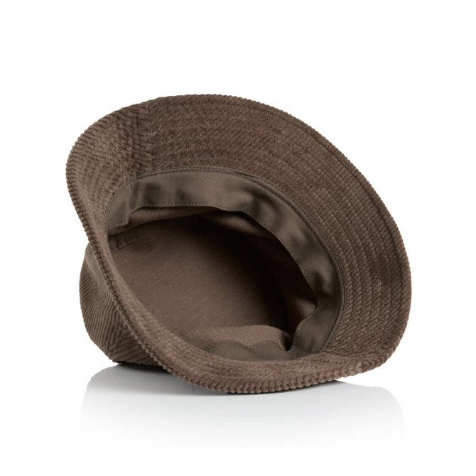 A brown Cord Bucket Hat featuring a textured brim and an inner lining, also showing a logo inside.