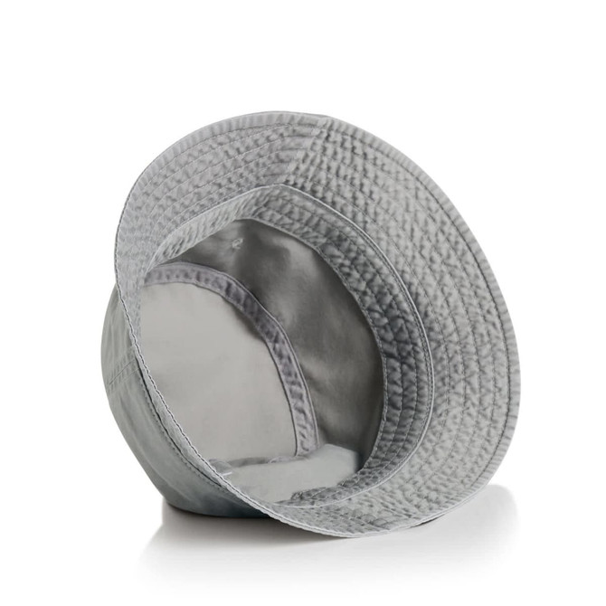 A faded grey bucket hat with a wide brim, featuring an inner lining and a textured design. It has a logo inside.