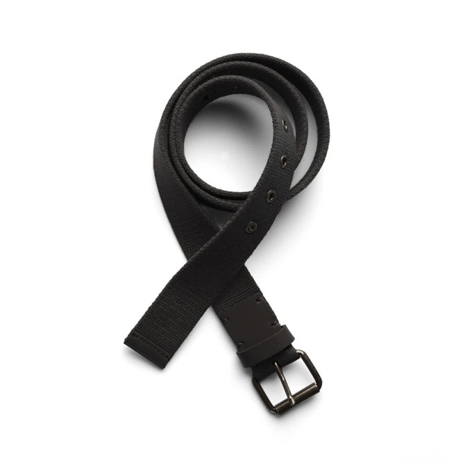 A black cotton webbing belt laid out flat, featuring a metal buckle and several adjustment holes.
