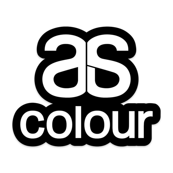 A black and white sticker featuring the text "as colour" with a logo design.