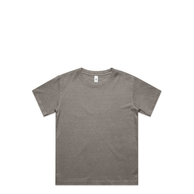 A heavy faded tee for kids in a muted olive green colour, featuring a simple crew neck and a logo on the tag.