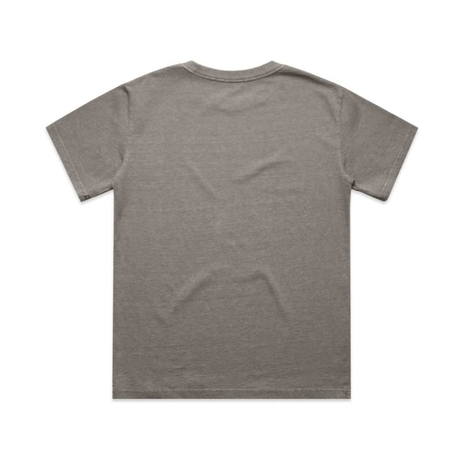 A faded olive green youth t-shirt featuring a crew neckline and short sleeves. It has a brand logo on the label.