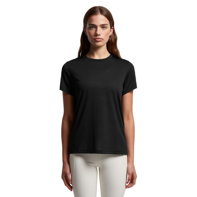 A black active tee featuring a logo, displayed on a model with long hair and neutral background.