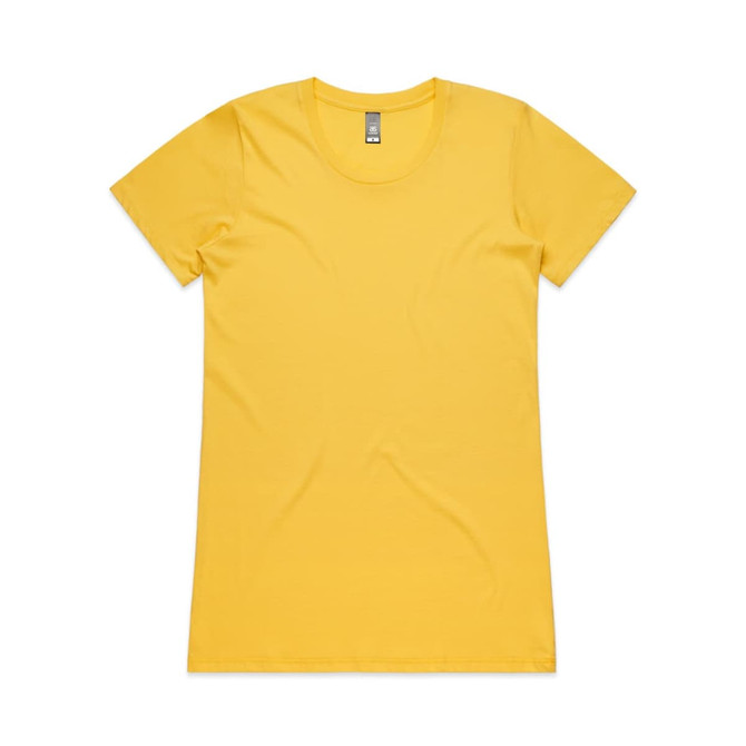 A yellow T-shirt with a round neckline and short sleeves. The shirt features a logo on the label.