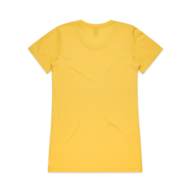A yellow women's t-shirt with a round neck and short sleeves, featuring no visible branding on the back.