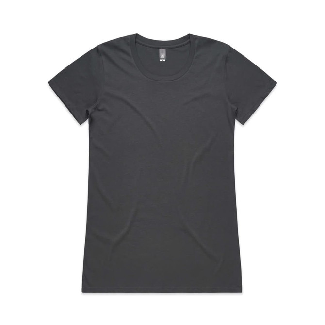 A dark grey women's T-shirt with a classic scoop neckline and short sleeves. It features a brand logo.
