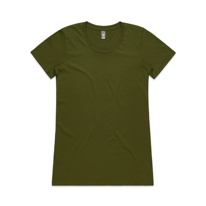 An olive green women's t-shirt with a classic round neck and short sleeves, featuring a branding logo.