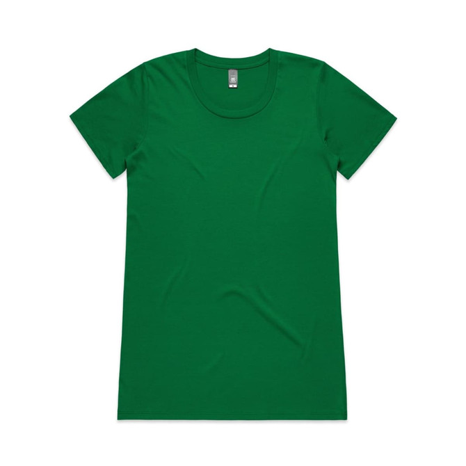 A green T-shirt with a round neckline and short sleeves. It features a logo on the label.