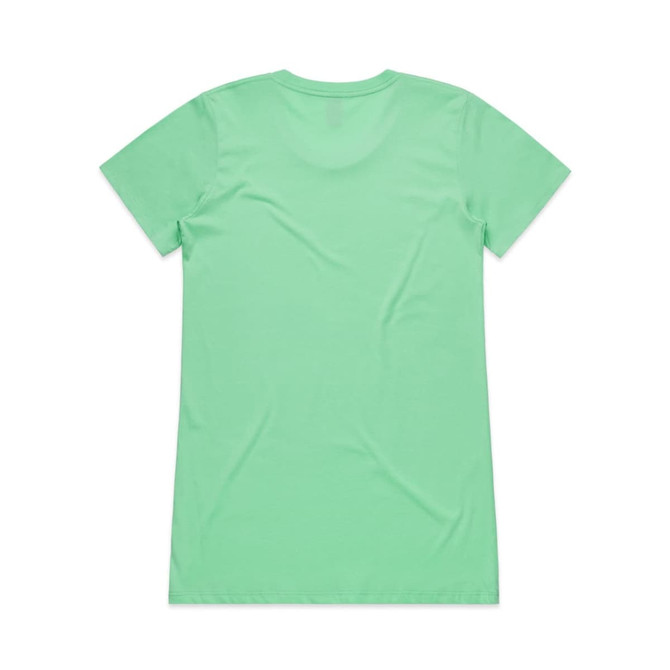A mint green t-shirt with a crew neck and short sleeves, featuring a logo on the back.