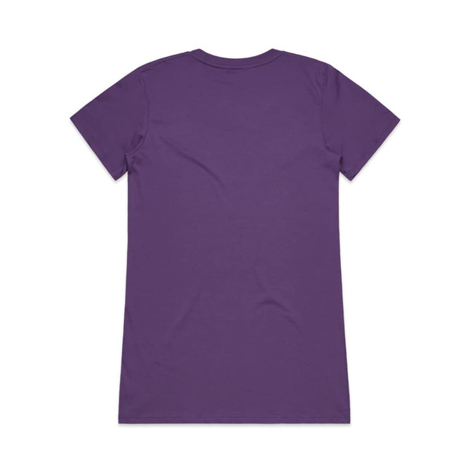 A purple t-shirt with a plain back, featuring a logo on the back.