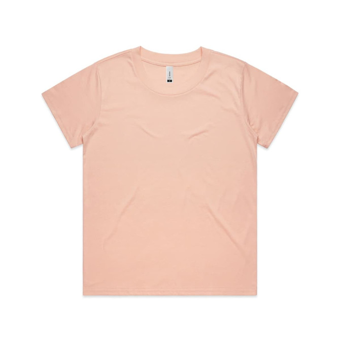 A light pink t-shirt with a classic crew neck and short sleeves, featuring a logo on the tag.