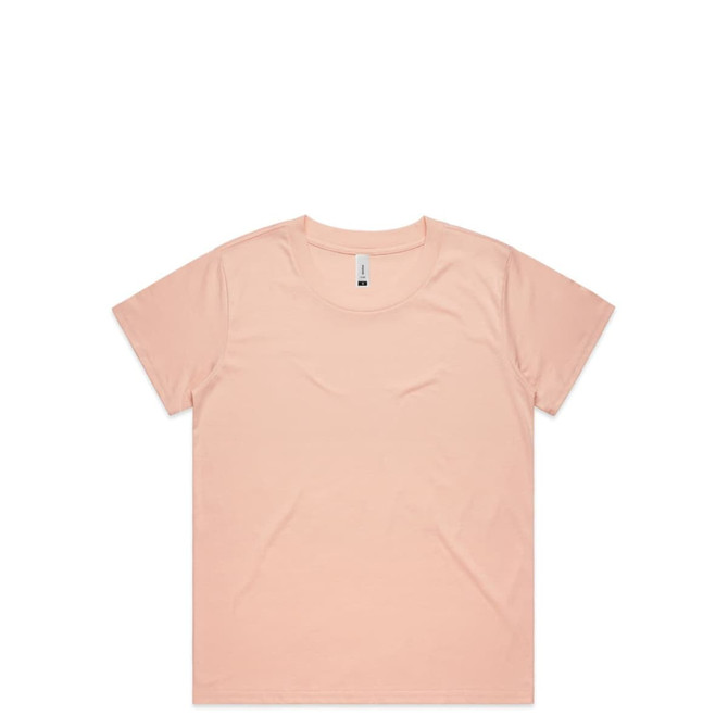 A peach-coloured T-shirt with a round neckline, short sleeves, and a branding tag.