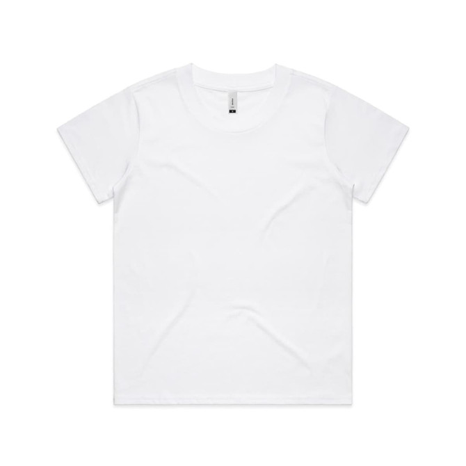 A white T-shirt featuring a crew neckline and short sleeves. The shirt has a tag inside, along with a logo on the label.
