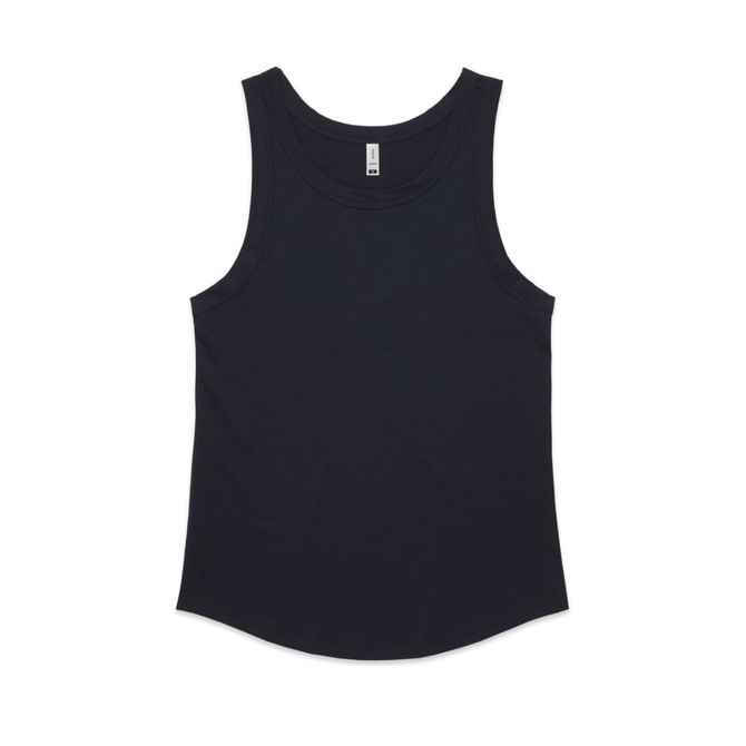A dark navy singlet with a rounded hem and wide armholes, featuring a logo on the label.