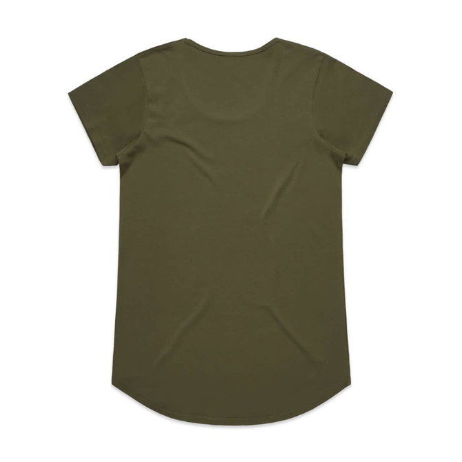 An olive green t-shirt with a rounded hem and short sleeves. The back view features a simple design and logo.