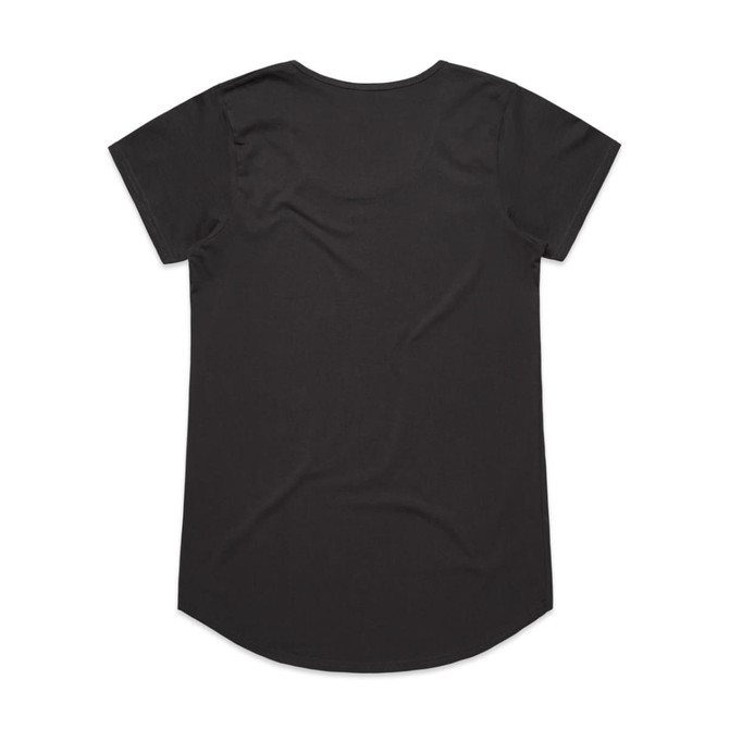 A black t-shirt with short sleeves and a curved hem, featuring a logo on the back.