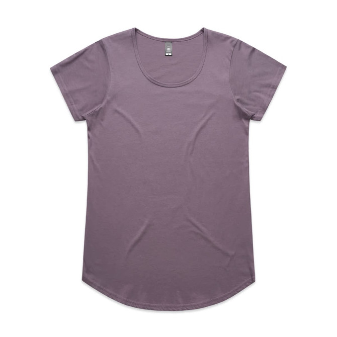 A purple t-shirt with a scoop neck and short sleeves, featuring a branding label.