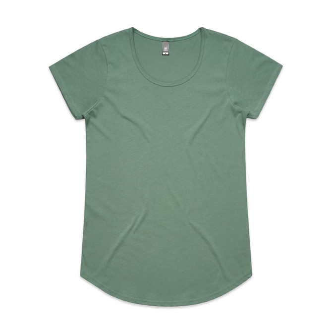 A green short-sleeved t-shirt with a scoop neckline and a curved hem. It has a logo on the label.