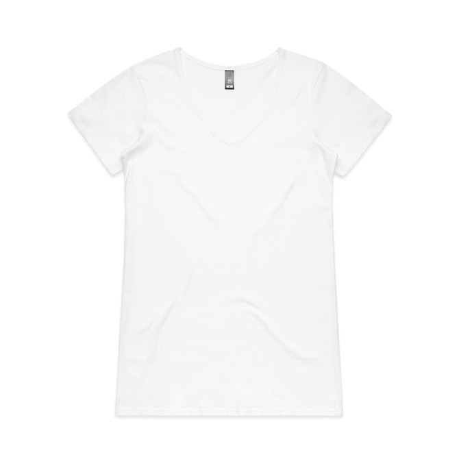 A white V-neck t-shirt with short sleeves and a tag at the neckline. It features a logo on the back.