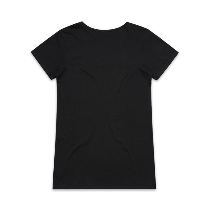 A black V-neck T-shirt with short sleeves and a plain back design, featuring a logo.