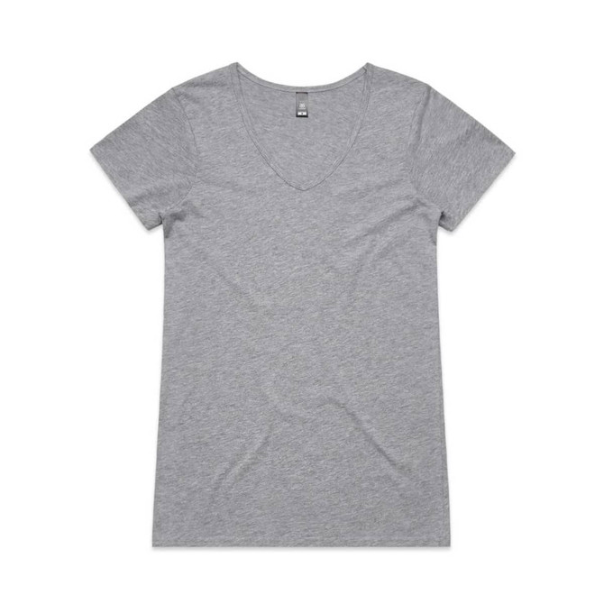 A grey V-neck T-shirt with a simple design and short sleeves, featuring a subtle logo.
